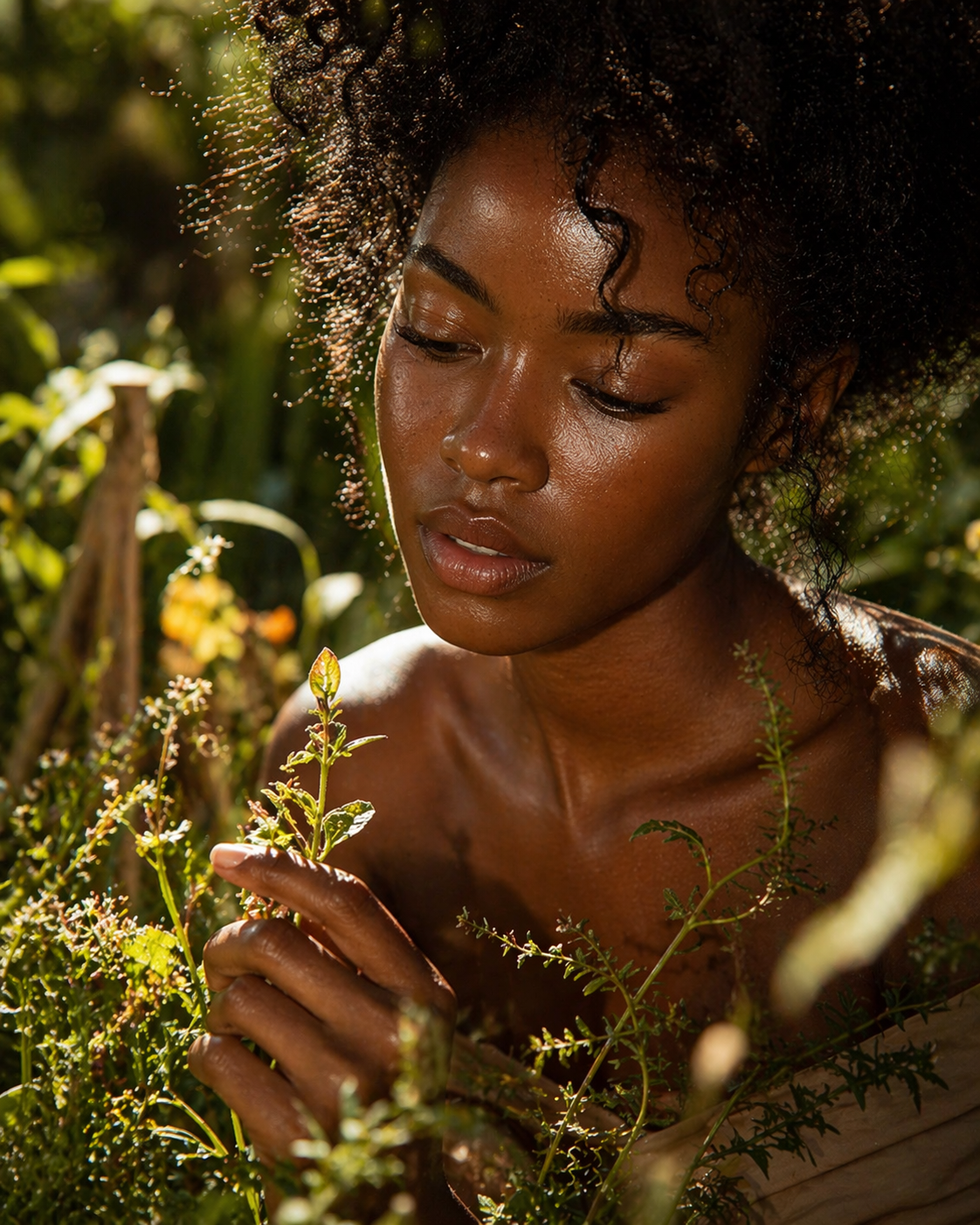 Nam Botanica – woman with glowing skin tending to herbs in nature, holistic herbal wellness and traditional Chinese medicine for skin and hormonal health