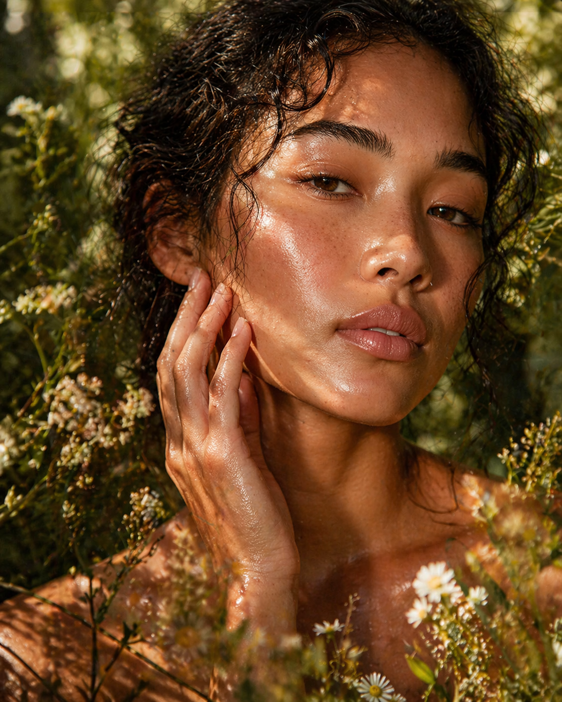 Nam Botanica – woman with clear glowing skin surrounded by wildflowers, natural herbal skincare and hormonal balance with traditional Chinese medicine